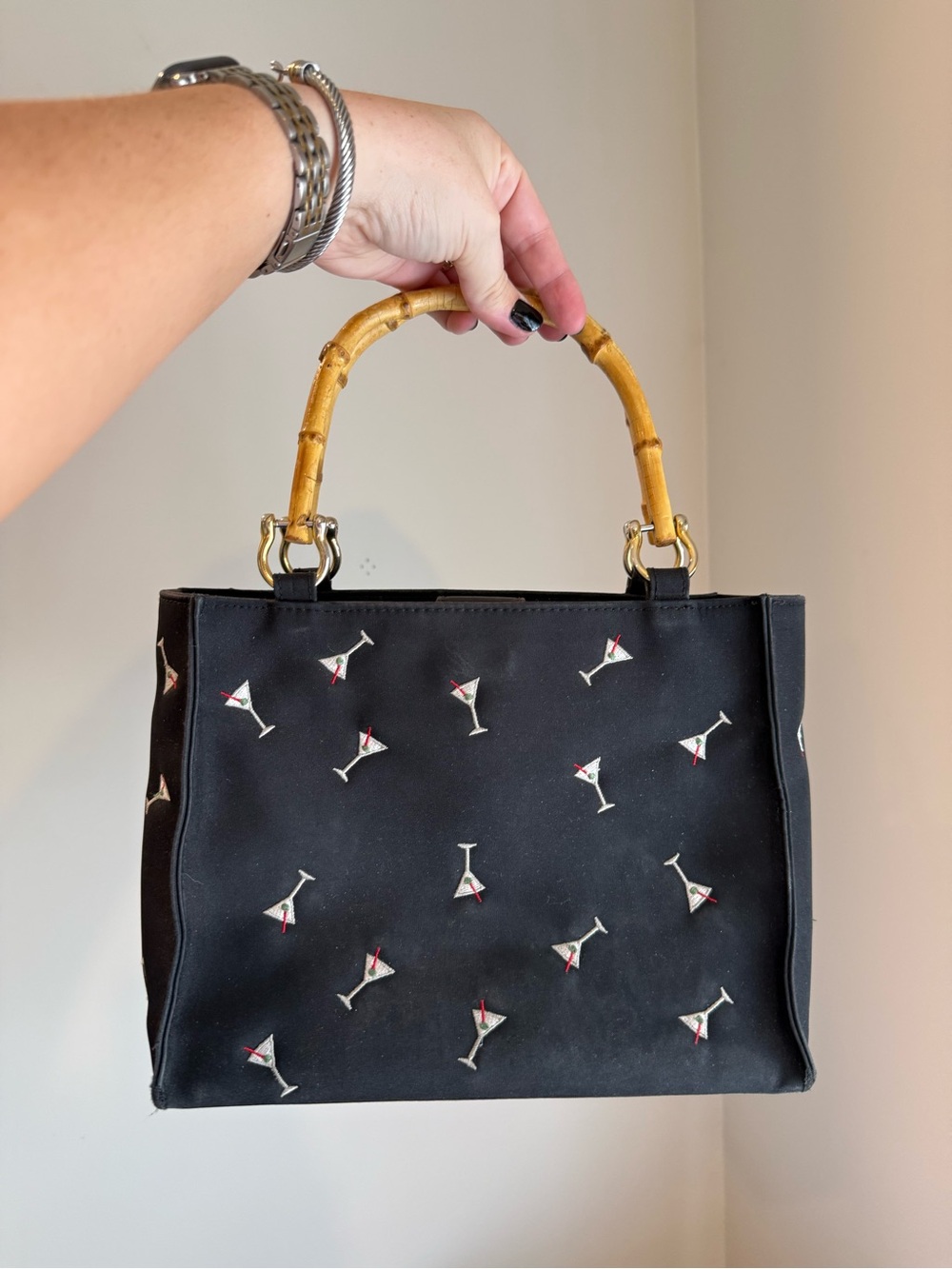 Vintage Black Cocktail Martini Embroidered Purse